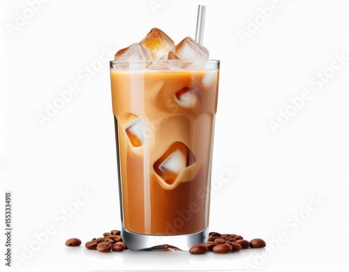 iced coffee with milk served in a tall transparent glass with ice cubes refreshing caffeinated drink perfect for summer isolated on white background