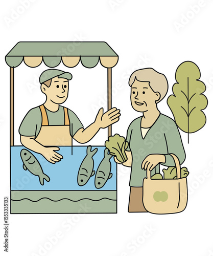 A woman carrying a tote bag is buying fresh fish from a vendor at a traditional market stall. The scene highlights everyday shopping and community interaction.