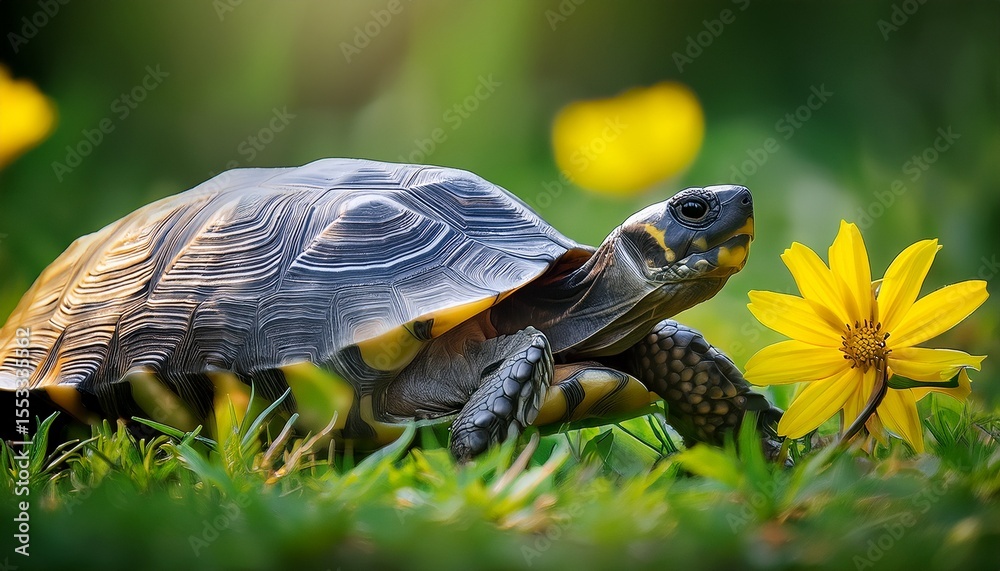 Fototapeta premium turtle amidst green grass with yellow flower basking in the beauty of nature