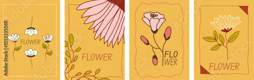 Vintage floral spring set of cute cards or posters in coquette style. Hand drawn whimsical frames with flower leaves, tulip, watering can, daffodil. Vector template for holiday. Doodle floral decorati