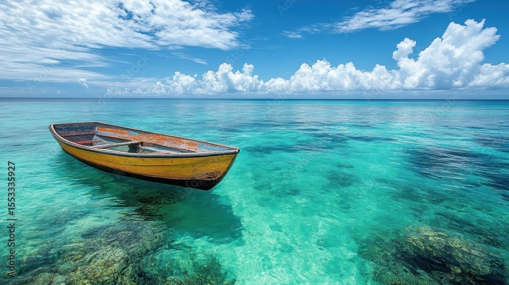Fototapeta premium Serene Caribbean Tranquility A Yellow Boat Drifting on Turquoise Water Under a Sky of Clouds