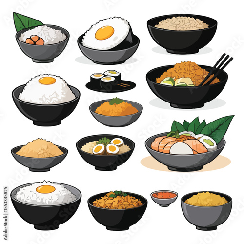 Flat vector clip art set of rice dishes in doodle style
