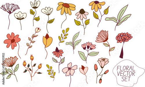 Vintage floral spring set of cute elements in coquette style. Hand drawn whimsical frames with flower leaves, tulip, daffodil., sun flower, meadow.  Vector template for holiday. Doodle floral decorati