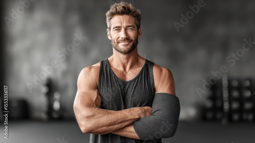 Athletic man recovering from injury wearing arm sling, gym background with fitness equipment blurred and motivational atmosphere