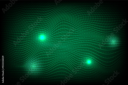 Abstract technology background with flowing particles, green line and dot design, big data and digital concept