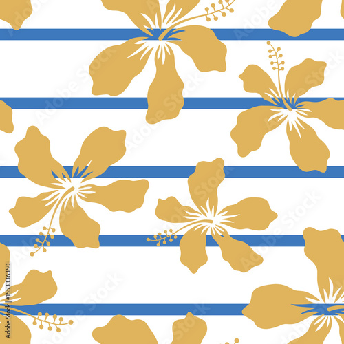 Tropical yellow hibiscus flowers silhouettes, blue stripes, white background. Vector seamless pattern. Floral flat illustration. Exotic plants. Summer beach design. Paradise nature
