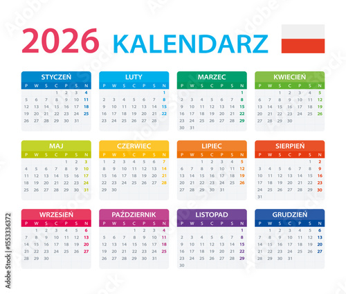 2026 Calendar Polish - vector illustration, Polish version.
