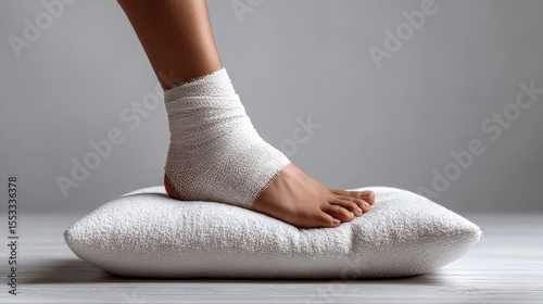Close-up of ankle in plaster cast resting on pillow, focus on texture and medical detail, clean white background with copy space