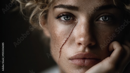 Close-up of facial scar across cheek, person looking into mirror with emotional expression, white space for story overlay