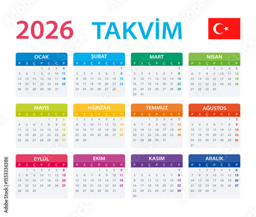 2026 Calendar Turkish - vector illustration, Turkish version.
