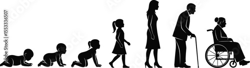 Life stages evolution from baby to elderly, aging process vector illustration, human development timeline silhouette, growing up aging graphic