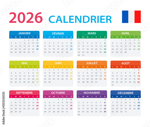 2026 Calendar French - vector illustration, French version.