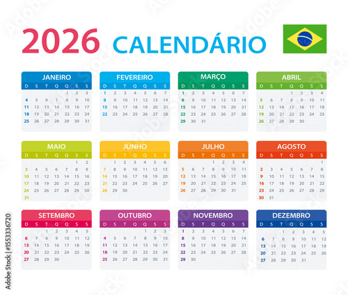 2026 Calendar Brazilian - vector illustration, Brazilian version.