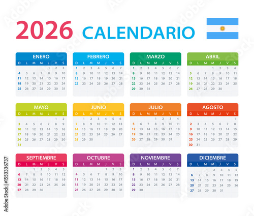 2026 Calendar Argentinian - vector illustration, Argentinian version.
