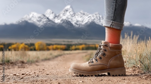 Hiker sitting on trail gripping ankle after misstep, scenic mountain background with injury in focus and copy space above