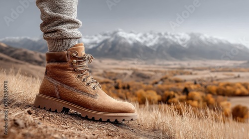 Hiker sitting on trail gripping ankle after misstep, scenic mountain background with injury in focus and copy space above