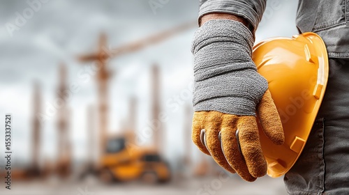 Worker with injured arm at job site, protective gear nearby, focus on accident prevention, blurred industrial background