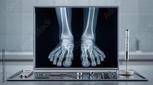 X-ray image of broken leg bones displayed on screen in hospital setting, orthopedic tools nearby, with copy space on side