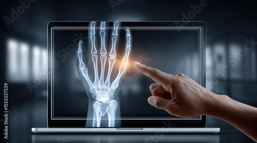 X-ray being reviewed on screen showing fractured arm bone, doctor's hand pointing at break, clinical background with room for info