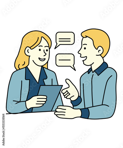 Two office workers having a discussion while holding a tablet. They look engaged and communicative, representing teamwork and collaboration.
