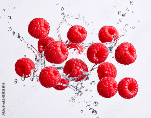 Fresh Red Raspberries and Splashing Water Levitating on White