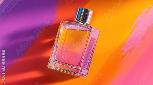 Sensual Fragrance Essence: A captivating perfume bottle, an icon of luxury and style, is elegantly placed against a vibrant, artistic backdrop. The photo exudes a sense of sophistication.