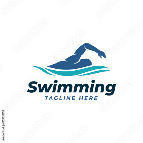 Freestyle Swimming Logo - Blue Silhouette of Swimmer on Water Waves