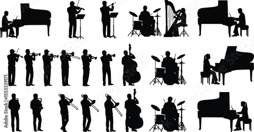 Musician silhouettes with musical instruments, orchestra performers, jazz band members, classical players, pianists, drummers, violinists, trumpeters, ensemble scene, vector design