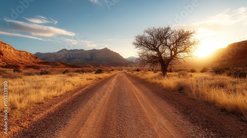 A picturesque dirt road stretches through a vast golden desert landscape, a symbol of adventure and exploration framed by striking mountains and a setting sun.