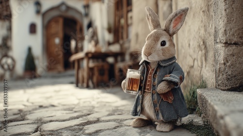 Cute bunny mascot enjoys a drink during festivities at Oktoberfest celebration in a quaint village setting