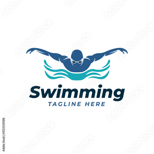 Butterfly Stroke Swimming Logo - Blue Silhouette of Swimmer Over Water Waves