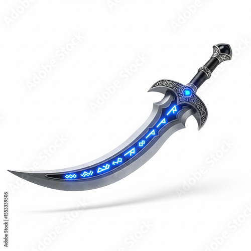a fantasy game sword with glowing runes and curved blade, floating slightly above the ground