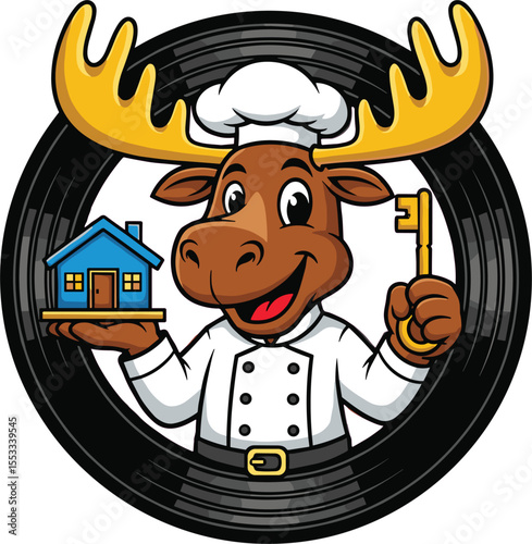 Cartoon moose chef mascot holding house and key, hospitality branding design, home cooking logo, property rental service icon, culinary real estate character