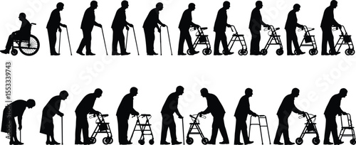 Elderly silhouette progression, senior mobility stages, aging concept, walking aid, cane, walker, wheelchair support, health care, aging life transition