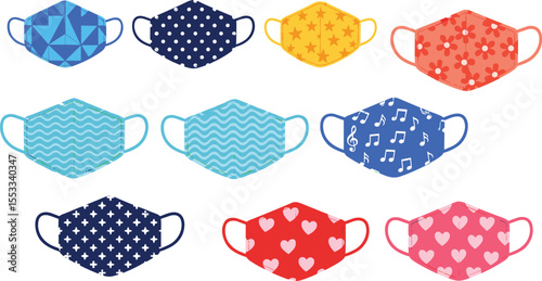Colorful patterned face mask collection, reusable cloth masks, decorative protective coverings, fashion accessories, pandemic safety, healthcare illustration, isolated, vector, set