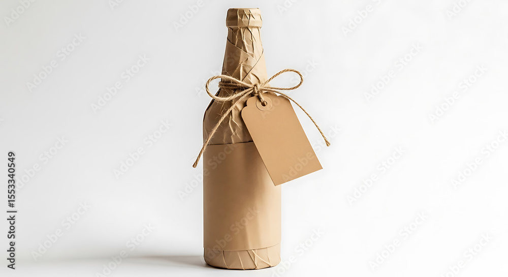 Fototapeta premium Bottle wrapped in brown paper with gift tag and twine on white background