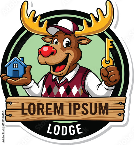 Cartoon moose mascot holding house and key, real estate logo design, fun character for property management, vacation rental, lodge branding, hospitality marketing symbol