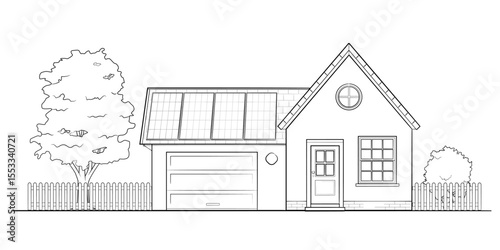 Sustainable house with solar roof and garden – outline vector illustration