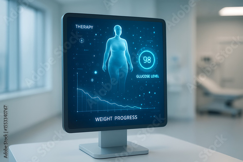 Advanced digital medical screen showing patient therapy progress and key health data like glucose level in modern clinic room