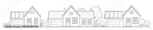 Suburban street with eco houses – outline vector scene illustration