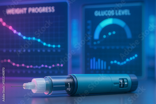 Digital injection pen healthcare technology monitoring glucose level and weight progress on screen feeling hope