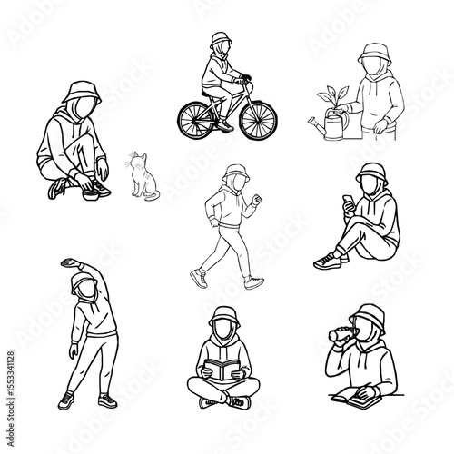 A set of hijabi woman outline illustrations showing daily positive activities. young Muslim woman in a hijab cap doing daily tasks. Collection of sporty and studious hijab girl illustrations in daily 