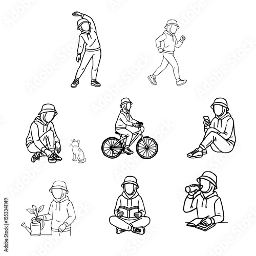 A set of hijabi woman outline illustrations showing daily positive activities. young Muslim woman in a hijab cap doing daily tasks. Collection of sporty and studious hijab girl illustrations in daily 
