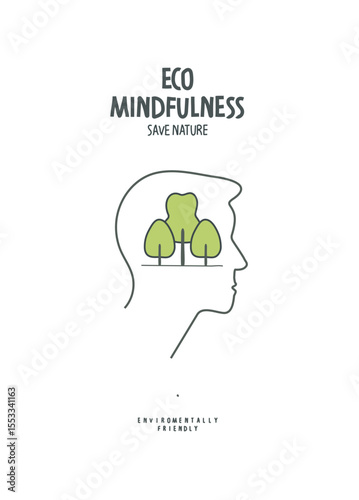 Vector hand drawn sketch of person profile with green trees as a sing of eco mindfulness. Environmentally friendly planet concept.	
