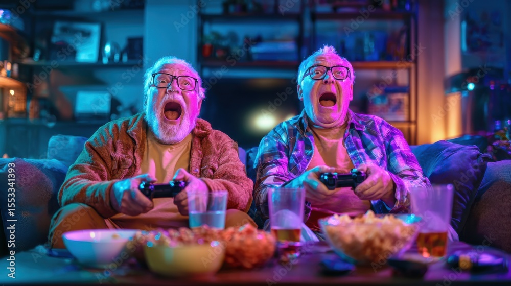 Nostalgic Fun: Elderly Friends Gaming on Couch with Snacks and Cheers in Cozy Living Room Ambiance Nostalgic Fun: Elderly Friends Gaming on Couch with Snacks and Cheers in Cozy Living Room Ambiance