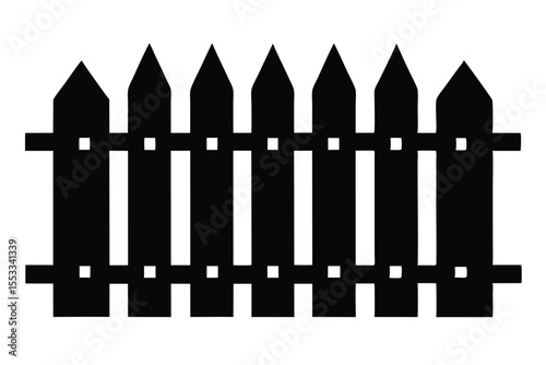 Black Silhouette of a Traditional Picket Fence with Pointed Tops and Square Details