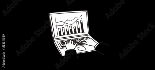 Business Data Analytics Illustration. Laptop with Graphs and Charts in Black and White.