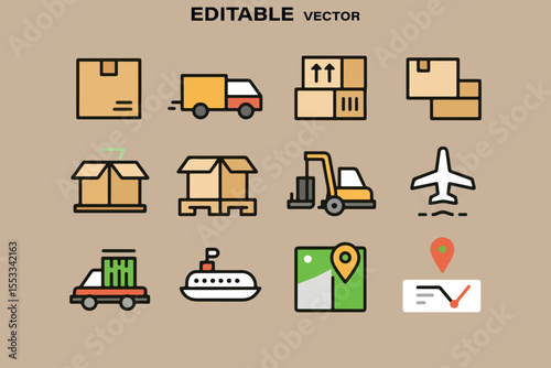 Delivery and Logistics Vector Icon Set with Truck Box Airplane Ship and Map Pin