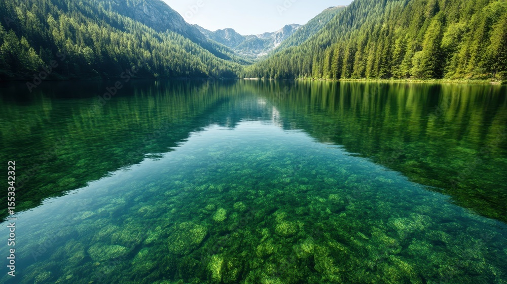 Fototapeta premium An awe-inspiring image of a crystal-clear lake reflecting surrounding mountains and lush greenery, representing tranquility and the pristine beauty of nature in a secluded setting.