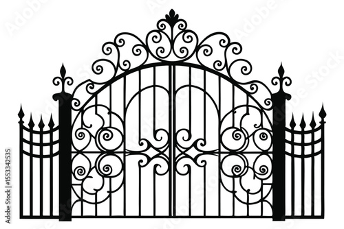 Elaborate Black Iron Gate with Decorative Swirls and Ornate Post Details Silhouette